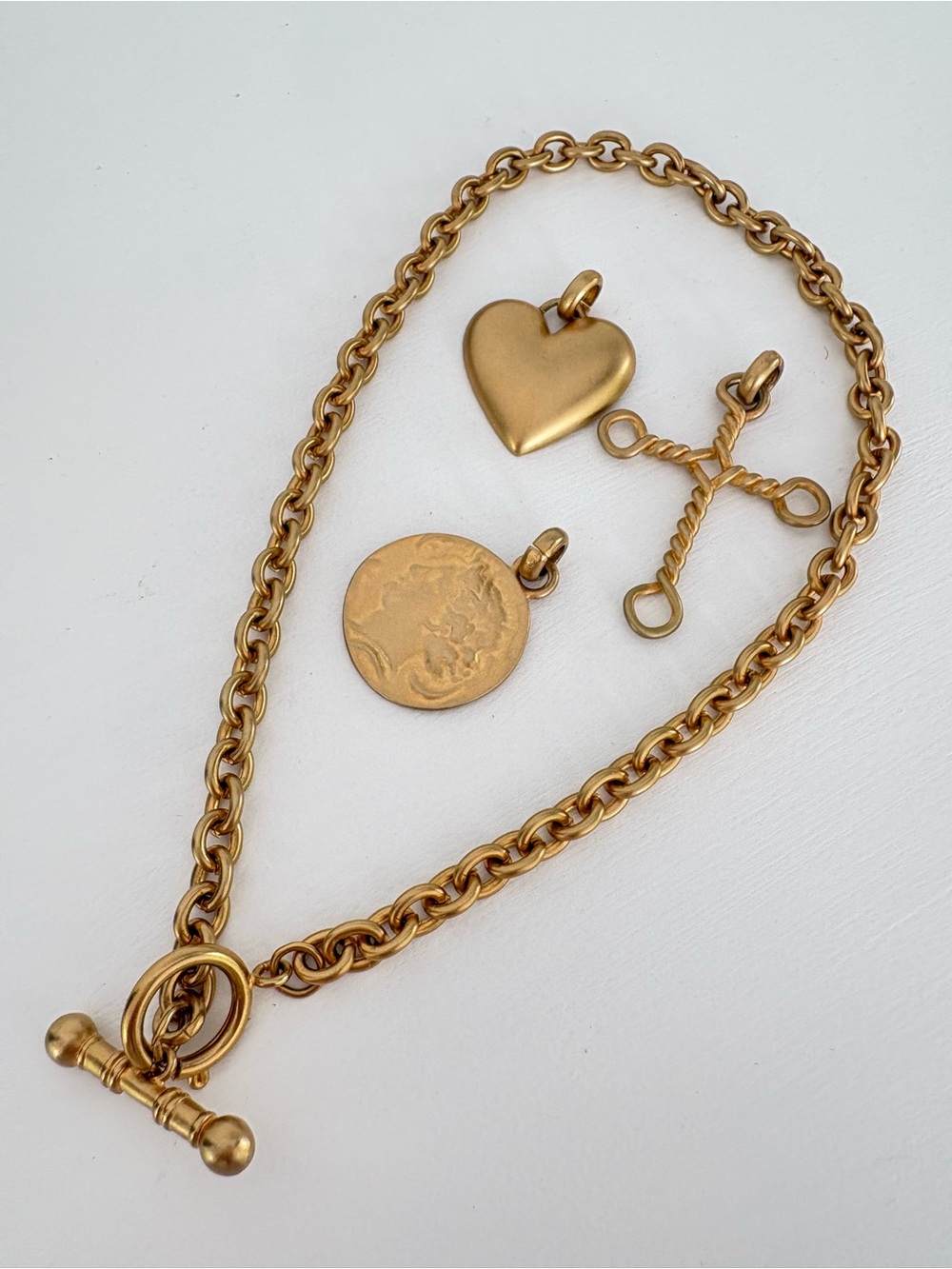 Matte Gold Pendant Charm Necklace with Heart Coin Cross Charms - Picture 4 of 13